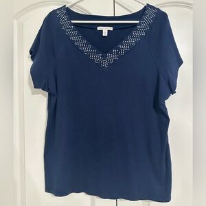 Westport 1962 Navy Short Sleeve Top with Studded V-Neck